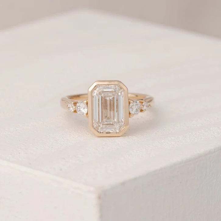 1.5ct Emerald Cut Bezel Set IGI Certified Clustered Engagement Ring