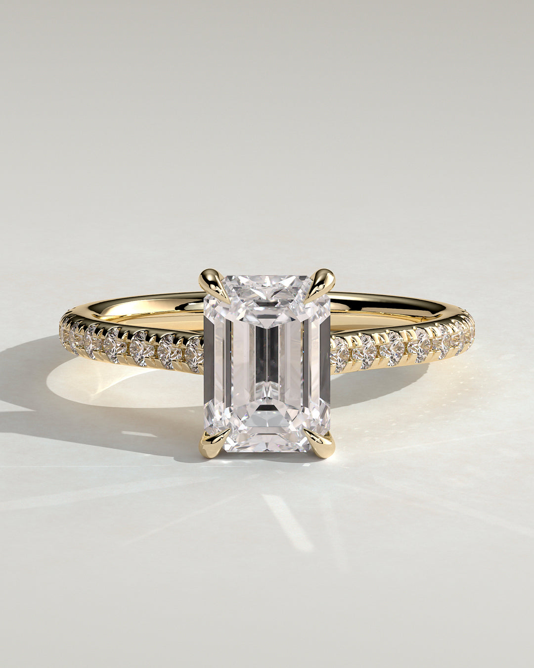 1.5ct Emerald Cut Hidden Halo, Pave and Cathedral Setting Engagement Ring