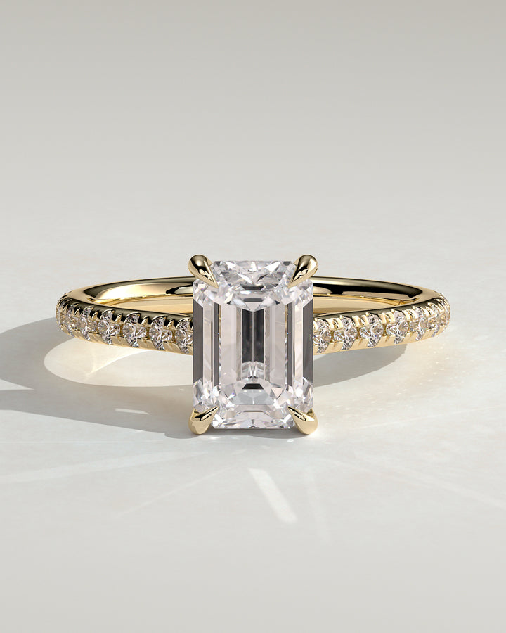 1.5ct Emerald Cut Hidden Halo, Pave and Cathedral Setting Engagement Ring