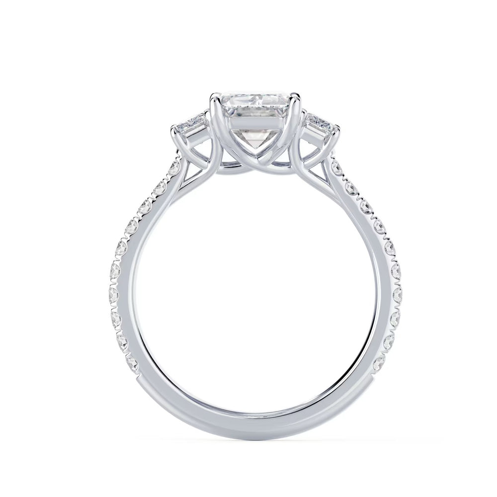 1.50ct emerald cut lab grown diamond three stone pavé engagement ring E VS1