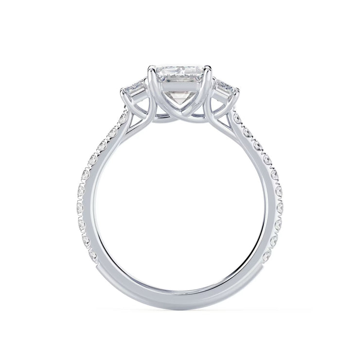 1.50ct emerald cut lab grown diamond three stone pavé engagement ring E VS1