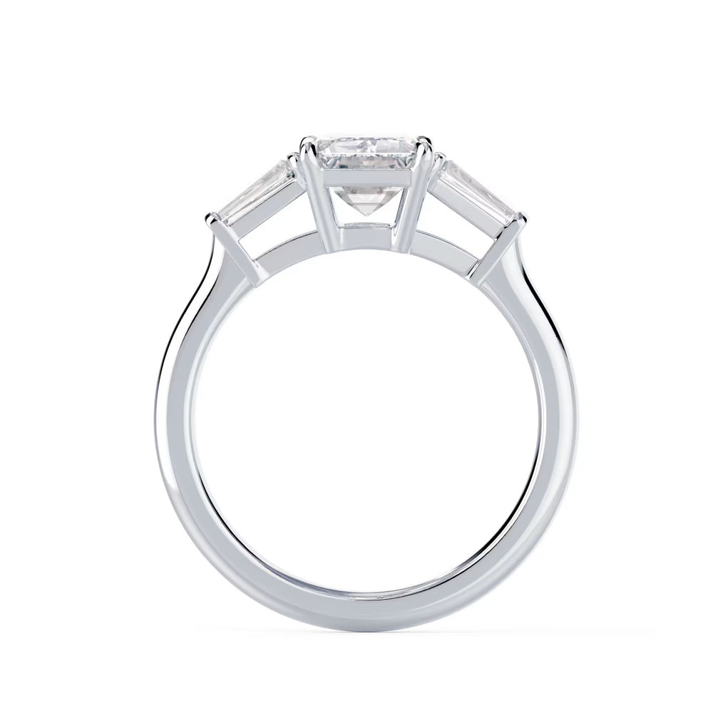 1.50ct emerald cut lab grown diamond three stone engagement ring E VS2