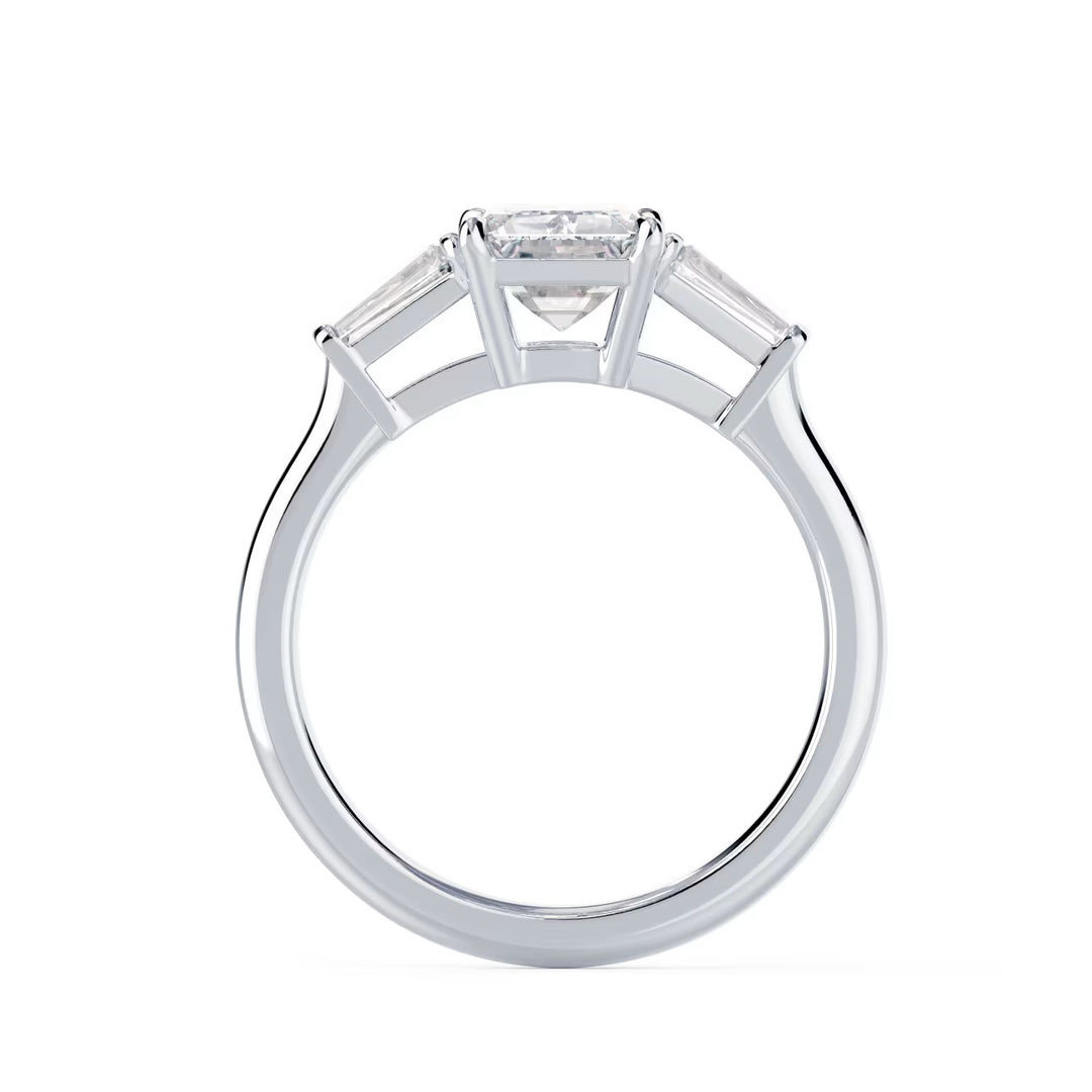 1.50ct emerald cut lab grown diamond three stone engagement ring E VS2