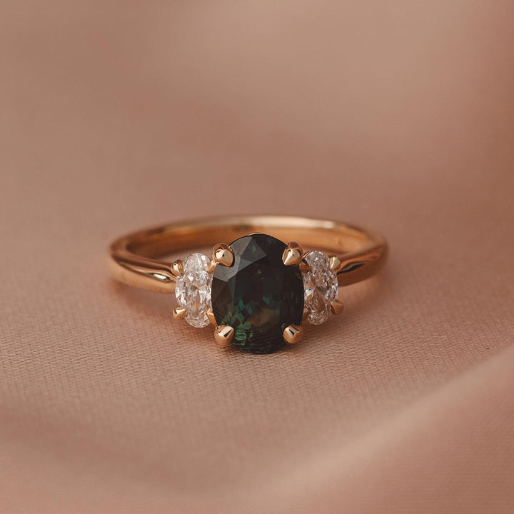 1.5ct Green Oval Three Stone IGI Lab Diamond Engagement Ring