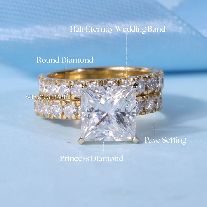 2.0CT Princess E/VS1 Lab Grown Diamond Pave Engagement Ring With Wedding Band