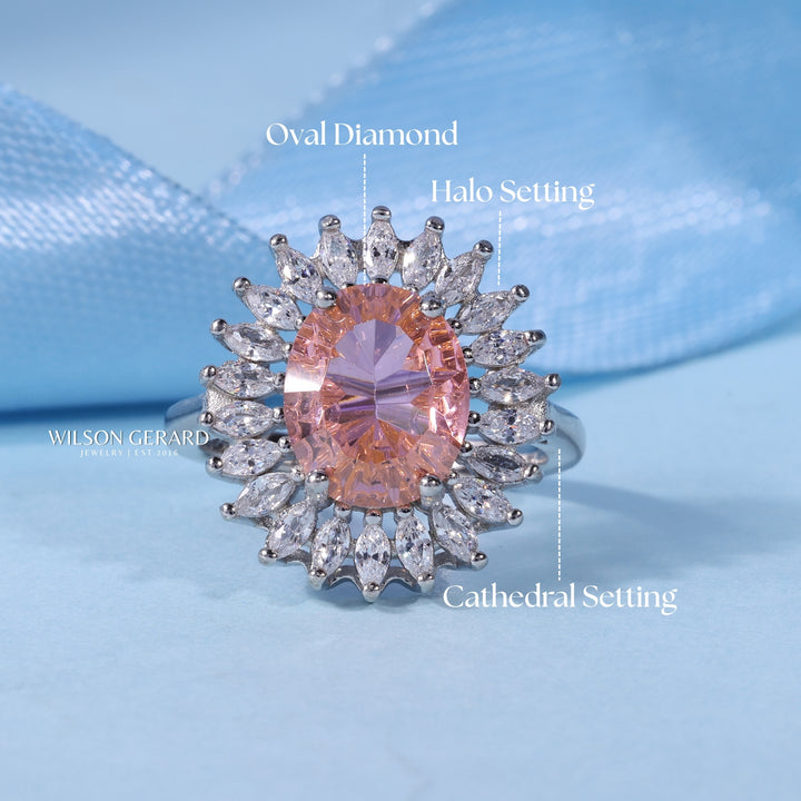 2.0CT Oval E/VS1 Lab Grown Diamond Halo Cathedral Engagement Ring