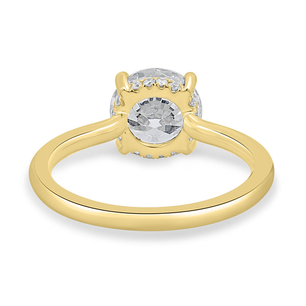 1 carat round lab grown diamond hidden halo solitaire engagement ring crafted in polished gold with contemporary elegance