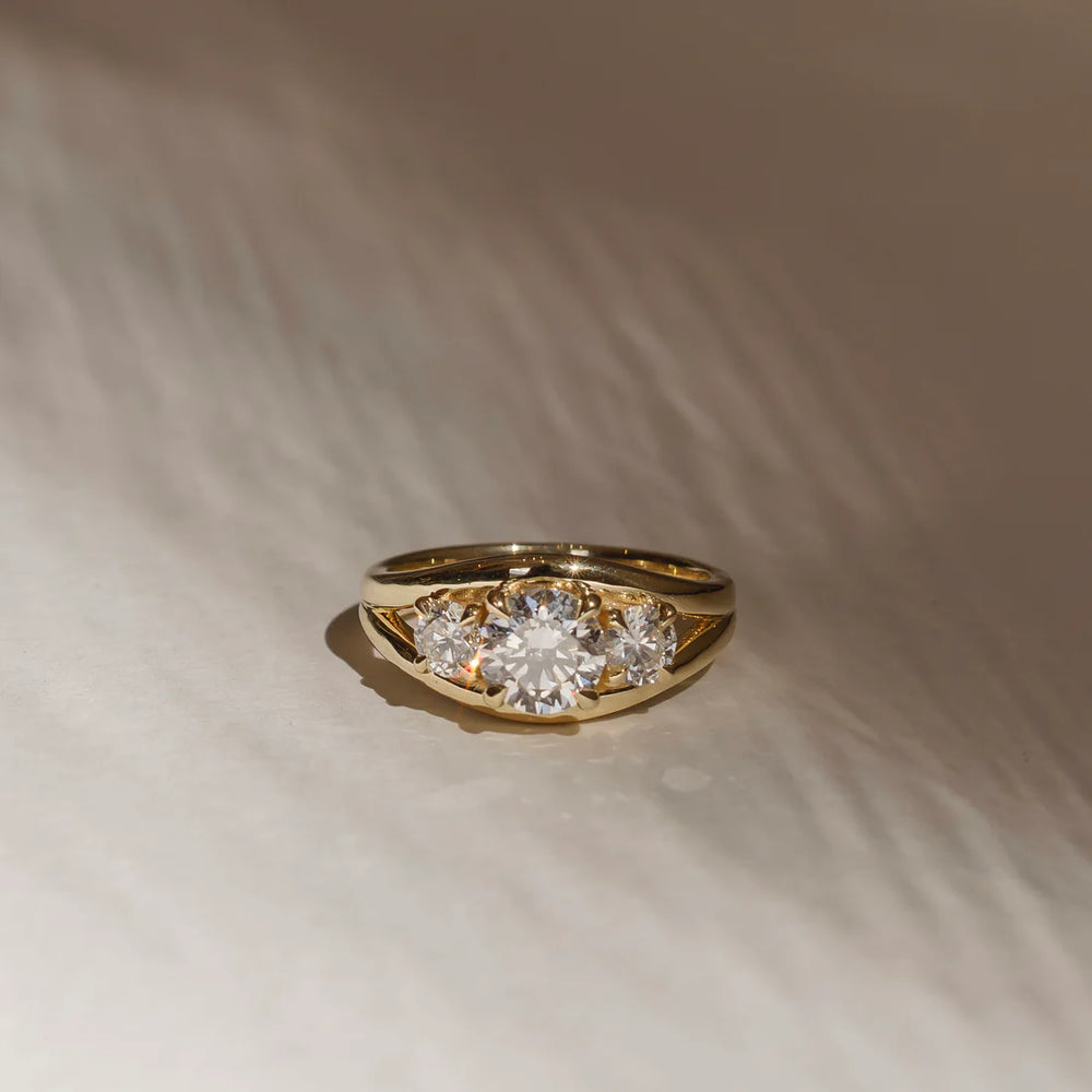 1ct round E VS2 lab grown diamond three stone engagement ring USA