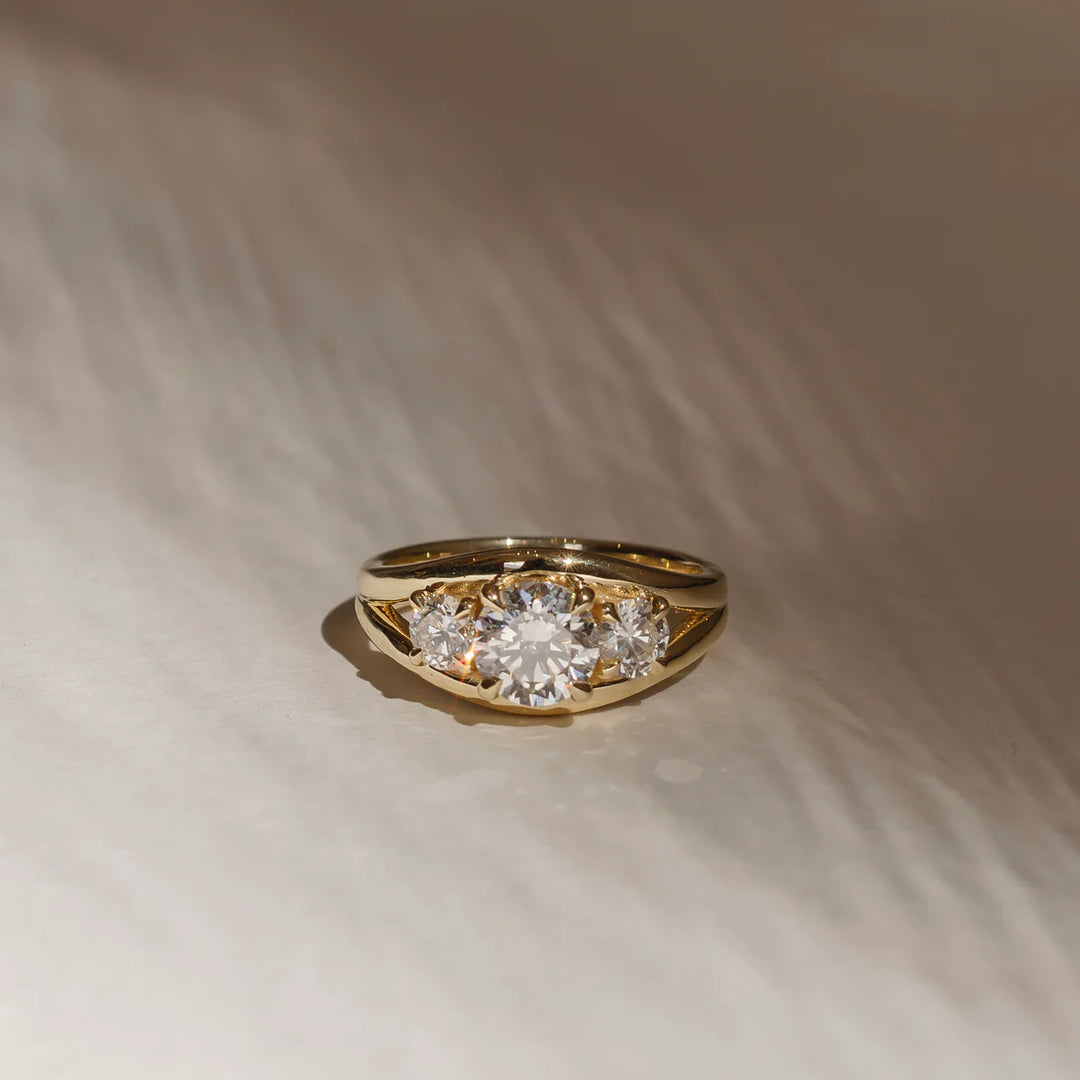 1ct round E VS2 lab grown diamond three stone engagement ring USA