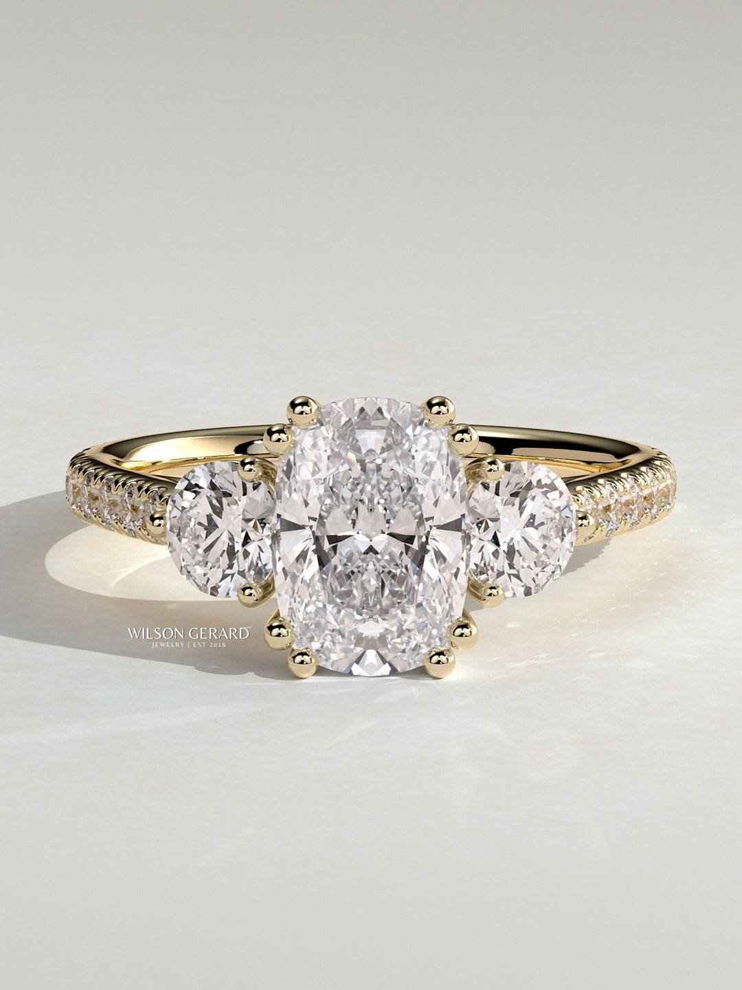 2.0CT Elongated Cushion Three Stones, Pave Band and Cathedral Setting Engagement Ring