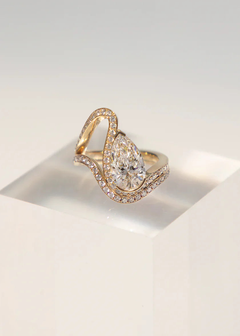 Pear CVD Diamond Channel Pavé Engagement Ring With Matching Band