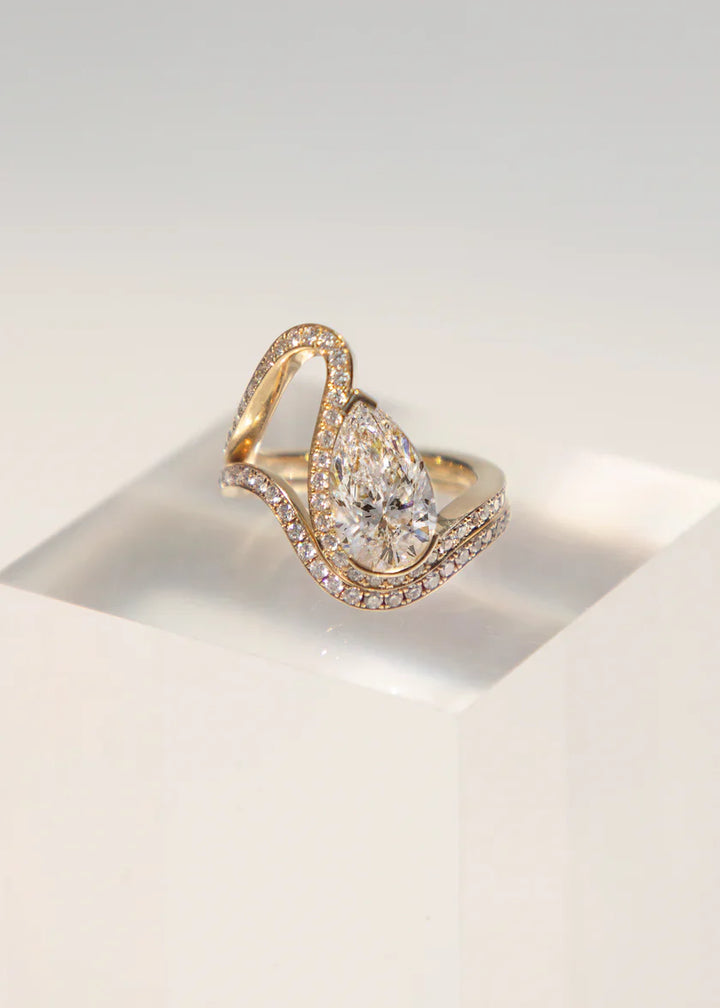 Pear CVD Diamond Channel Pavé Engagement Ring With Matching Band