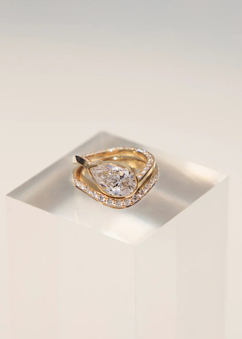 Pear Lab Grown Diamond Channel Pavé Curved Engagement Ring With Matching Band