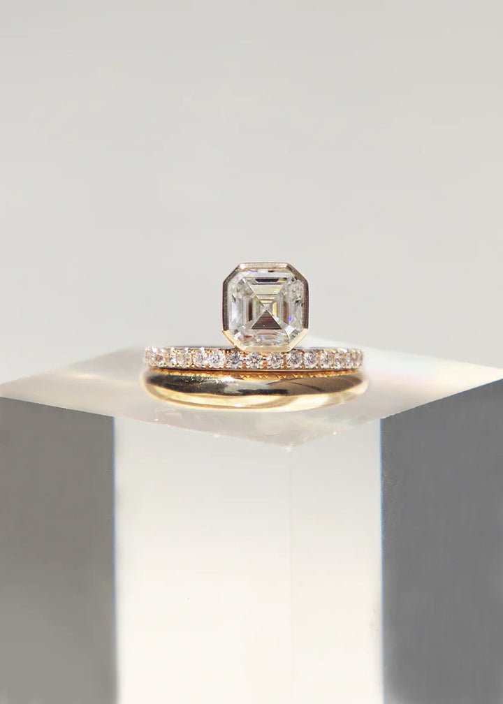 Asscher Bezel Set Floating Lab Grown Diamond Pavé Engagement Ring With Wedding Band
