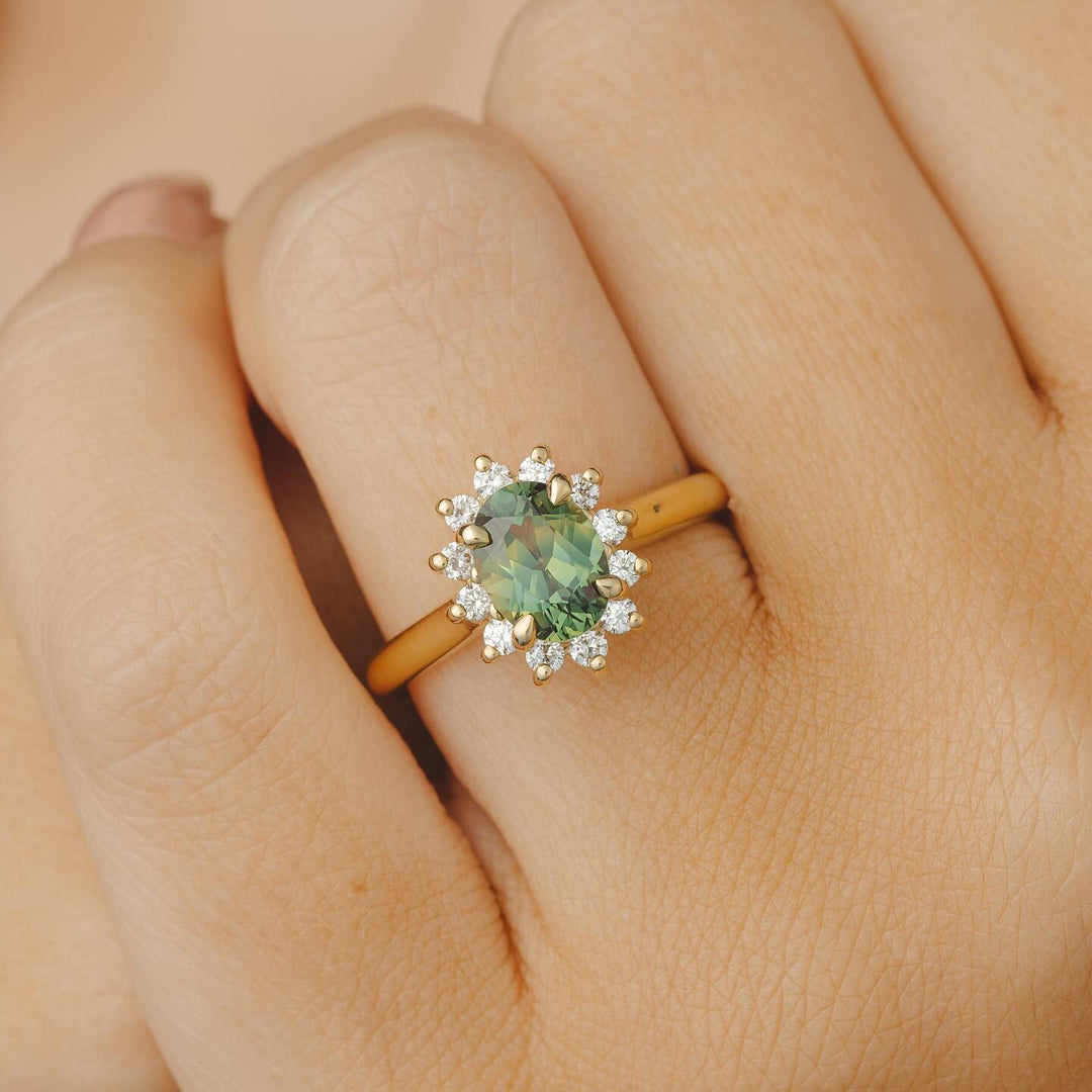 2.0ct Green Oval Sunburst Halo Lab Grown Diamond Engagement Ring
