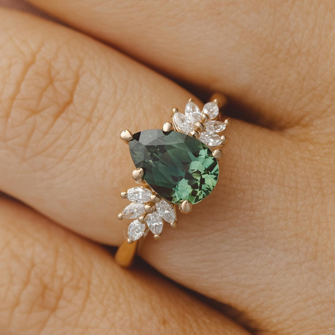2.0ct Green Pear Cluster IGI Certified Engagement Ring
