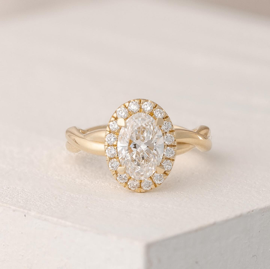 2.0ct Oval Halo Lab Grown Diamond Twisted Band Engagement Ring