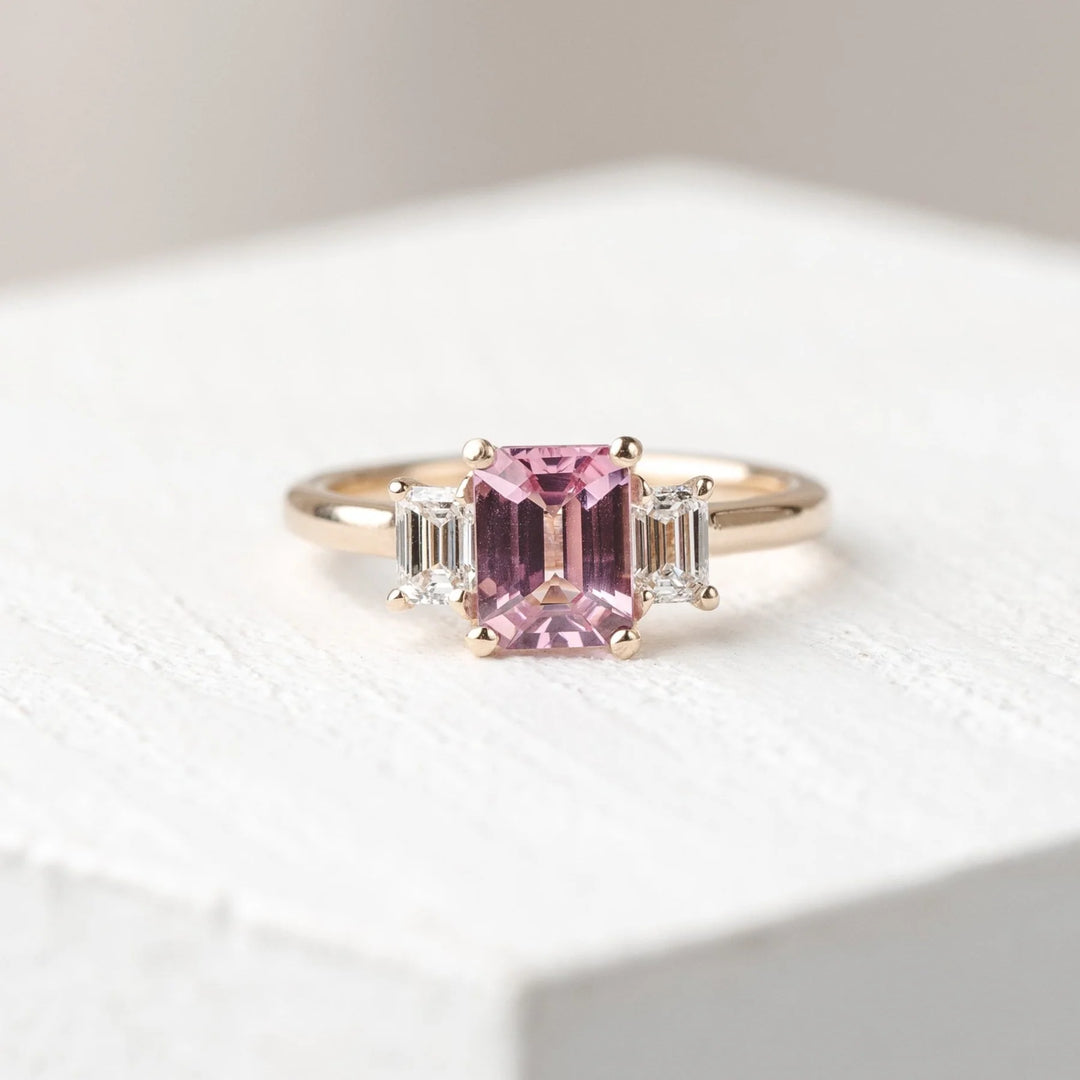 2.0ct Pink Emerald Cut Three Stone IGI Lab Diamond Engagement Ring