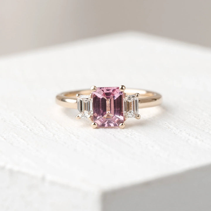 2.0ct Pink Emerald Cut Three Stone IGI Lab Diamond Engagement Ring
