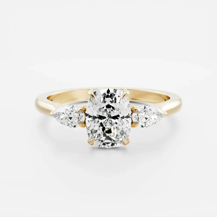 2.5 carat elongated cushion three stone engagement ring lab grown diamond IGI certified