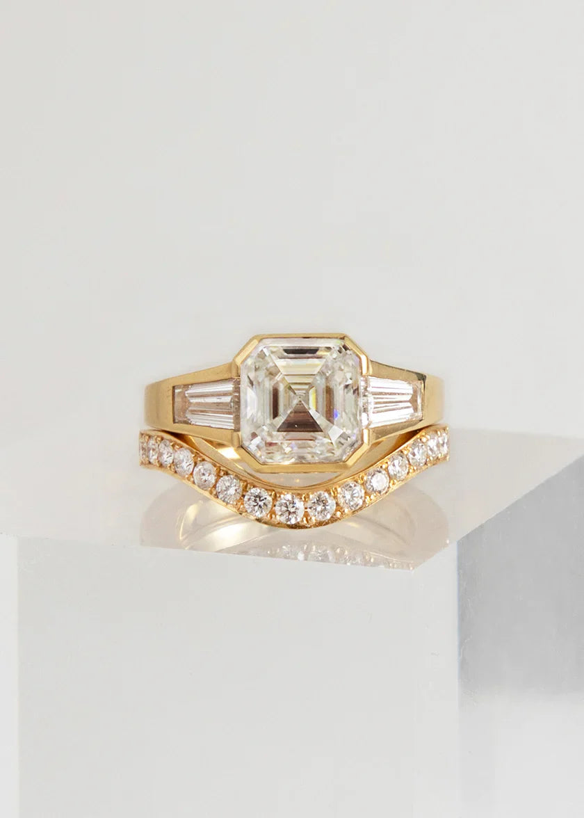 Asscher Three Stone Lab Grown Diamond Engagement Ring With Matching Band