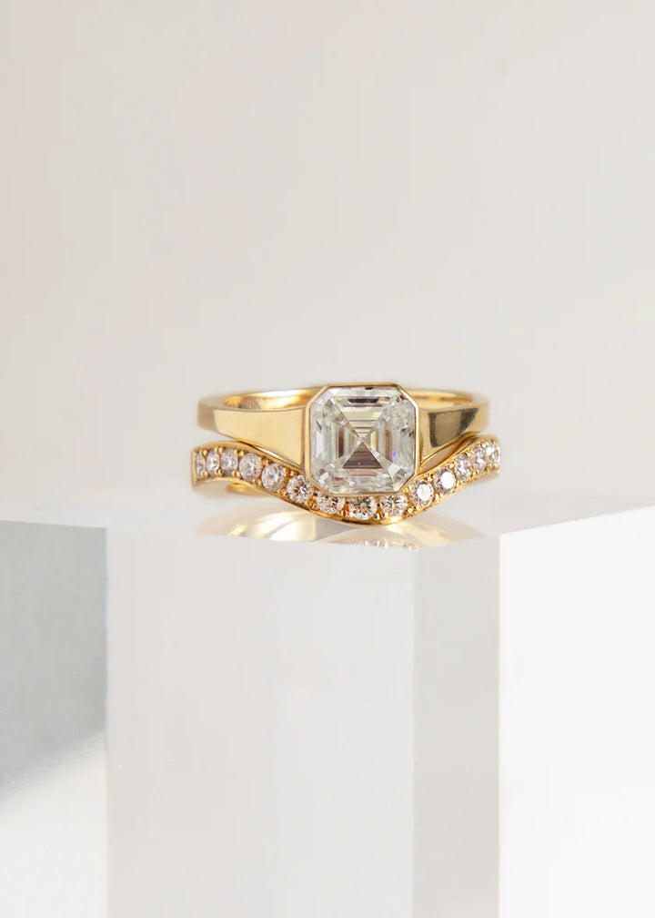 Asscher Bezel Set CVD Diamond Solitaire Engagement Ring With Wedding Band