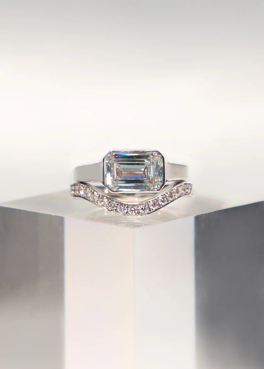 Emerald Cut Bezel Set East West CVD Diamond Solitaire Engagement Ring With Wedding Band