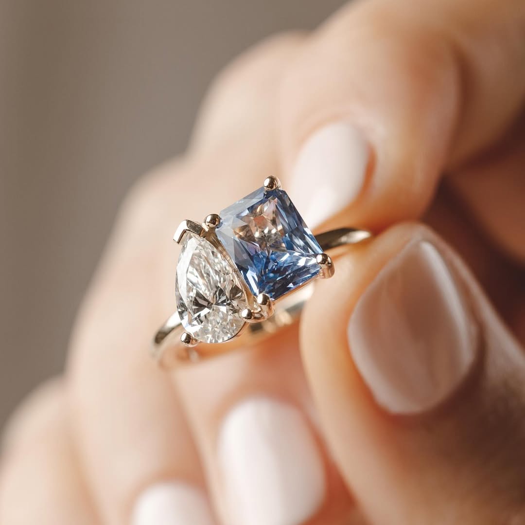 Blue Radiant and Pear Diamond Ring