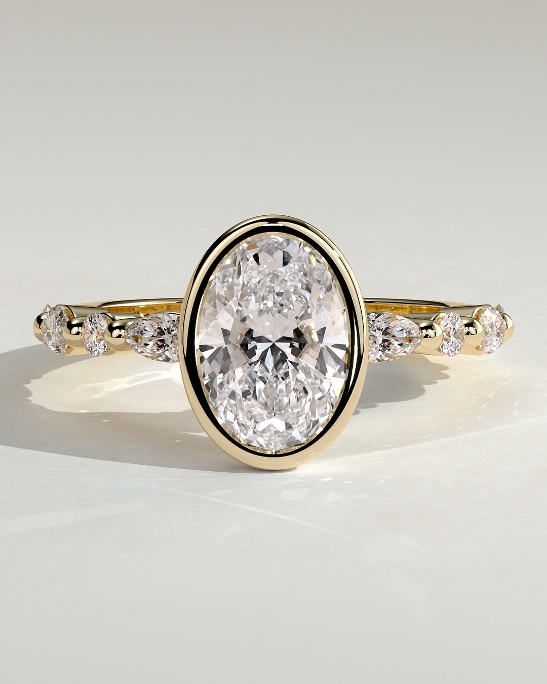 2.5ct Oval Bezel Set IGI CVD Diamond Distance Pave Engagement Ring
