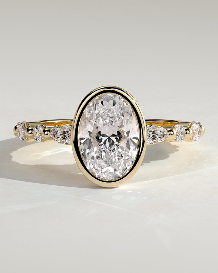 2.5ct Oval Bezel Set IGI CVD Diamond Distance Pave Engagement Ring