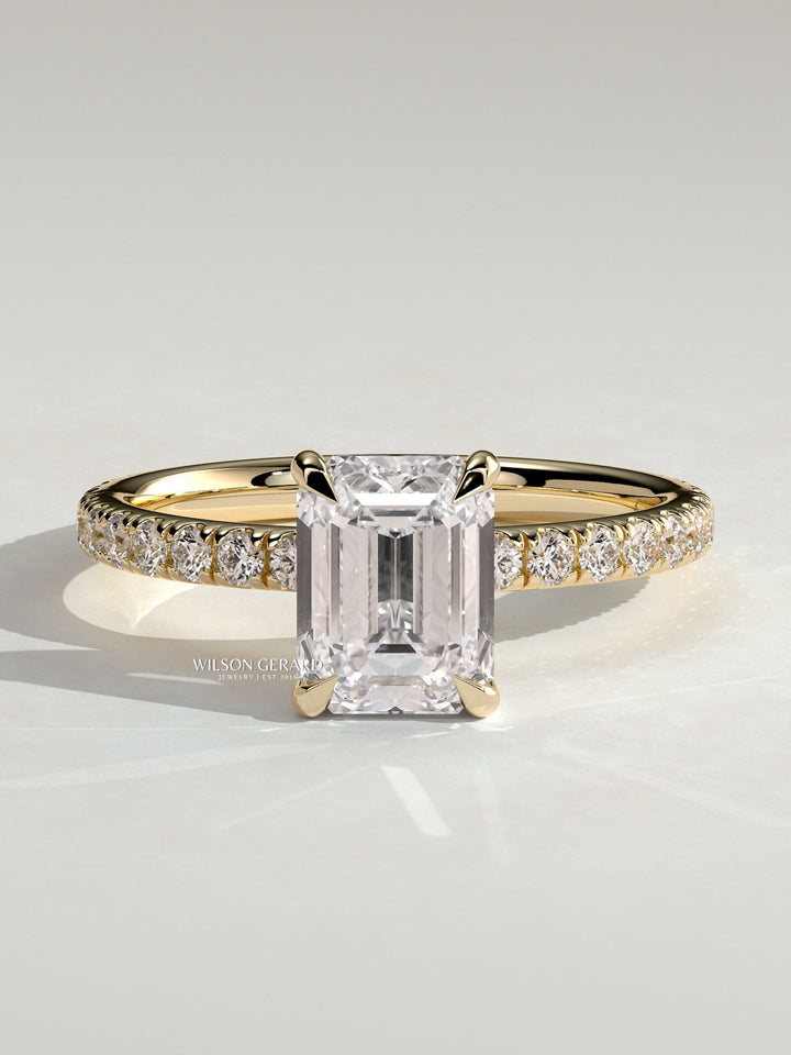 emerald cut lab grown diamond engagement ring hidden halo