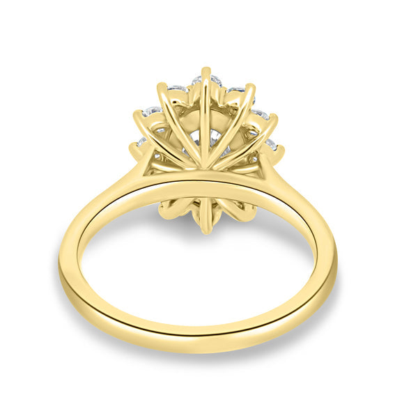 2 carat oval lab grown diamond halo cathedral engagement ring set in polished gold modern bridal design