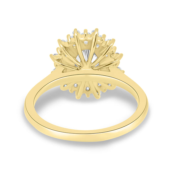 2 carat oval lab grown diamond halo cluster engagement ring set in polished gold modern bridal style