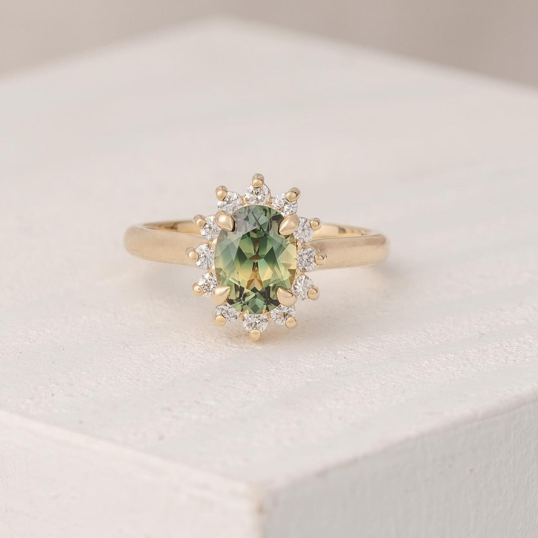 Green Sunburst Halo Engagement Ring