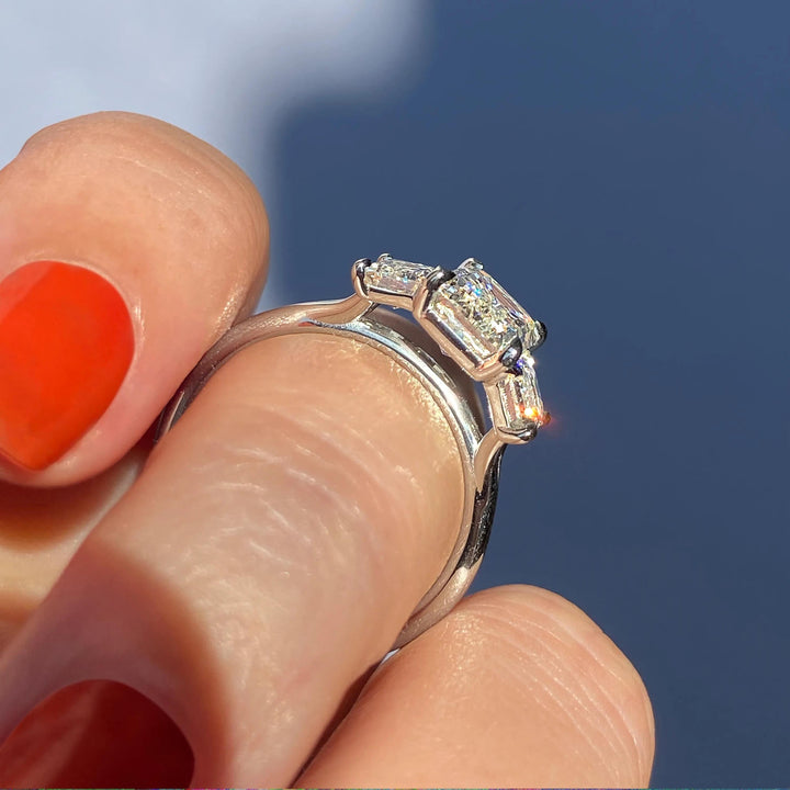 2ct Emerald F- VS1 Lab Grown Diamond Three Stones Engagement Ring