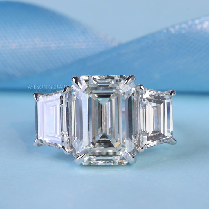3 Carat Emerald Cut Lab Grown Diamond Three Stone Engagement Ring