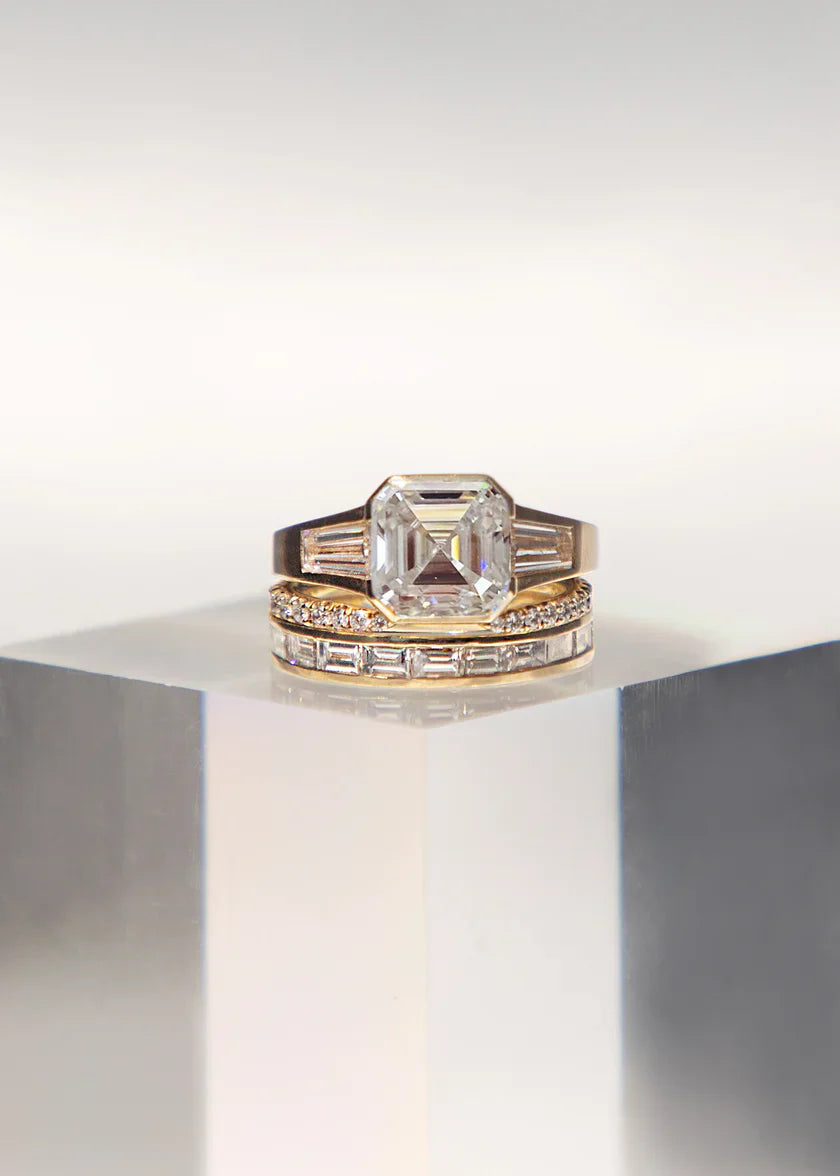 Asscher Three Stone Lab Grown Diamond Engagement Ring With Eternity Wedding Band