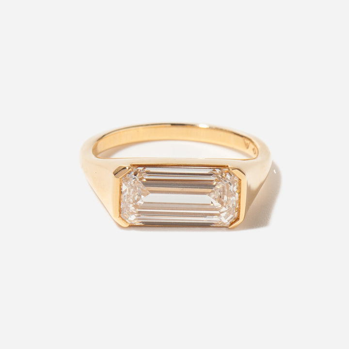 east west emerald cut lab grown diamond signet solitaire engagement ring 3 carat E VS1