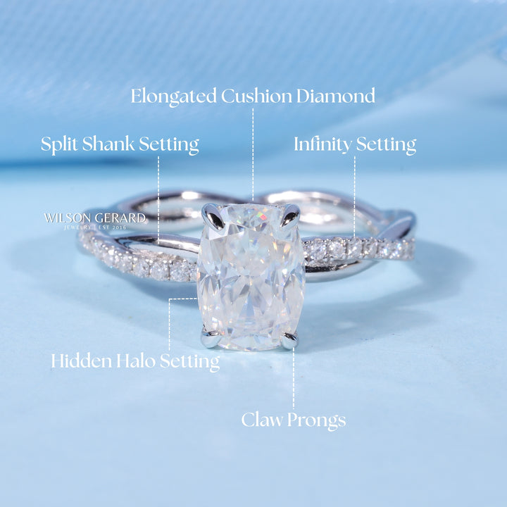 1.0CT Elongated Cushion E/VS1 Lab Grown Diamond Hidden Halo Split Shank Engagement Ring