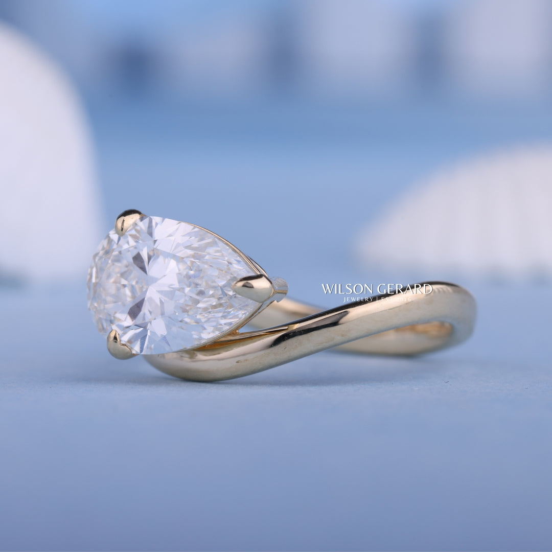2.50CT Pear E/VS1 CVD Diamond Unique Curved East West Engagement Ring