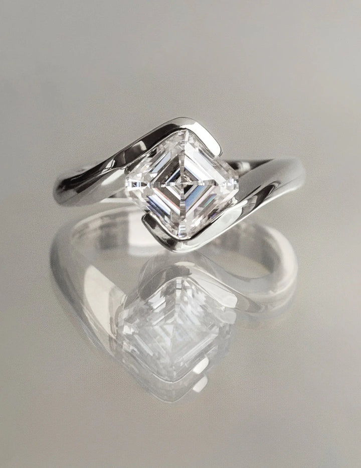 1.0CT-2.0CT Asscher E/VS CVD Diamond Tension Style Unique Engagement Ring With Matching Classic Curved Band