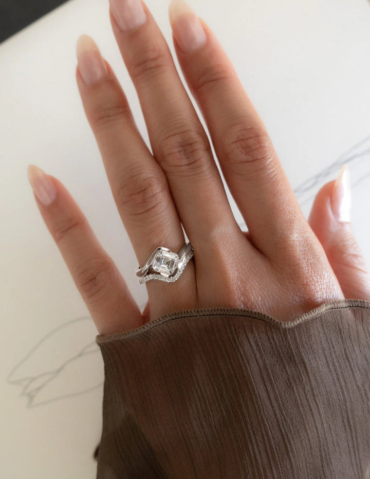 1.0CT-2.0CT Asscher E/VS Lab Grown Diamond By Pass Engagement Ring With Matching Pave Curved Band