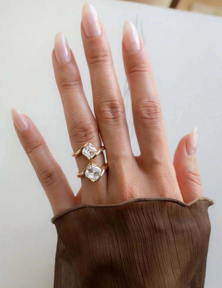 1.0CT-2.0CT Asscher E/VS CVD Diamond Tension Style Unique Engagement Ring With Matching Classic Curved Band