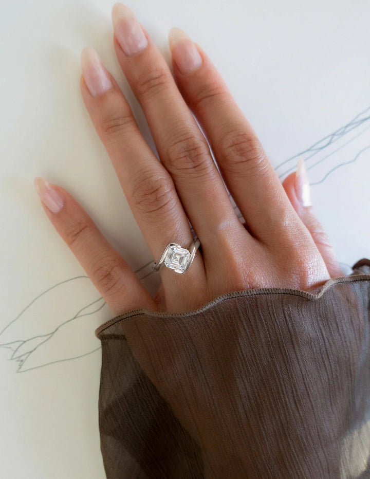 1.0CT-2.0CT Asscher E/VS CVD Diamond Tension Style Unique Engagement Ring With Matching Classic Curved Band