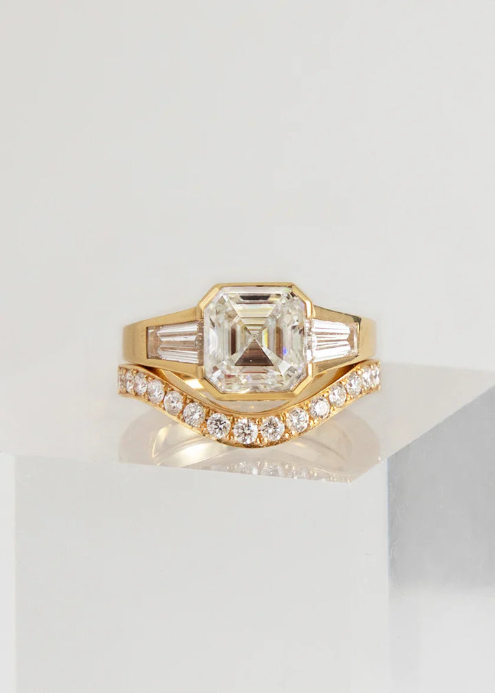 2.50CT Three Stone Asscher E/VS Lab Grown Diamond Unique Engagement Ring With Matching Band