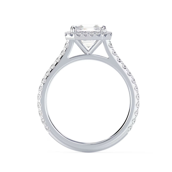 Close-up of an asscher cut lab diamond halo cathedral pave engagement ring highlighting step-cut sparkle and halo detailing
