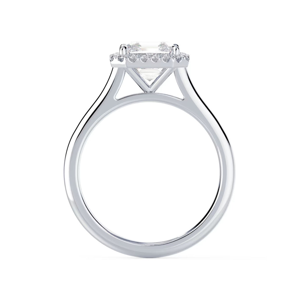 Close-up of an asscher cut lab grown diamond halo solitaire engagement ring showcasing step-cut geometric sparkle