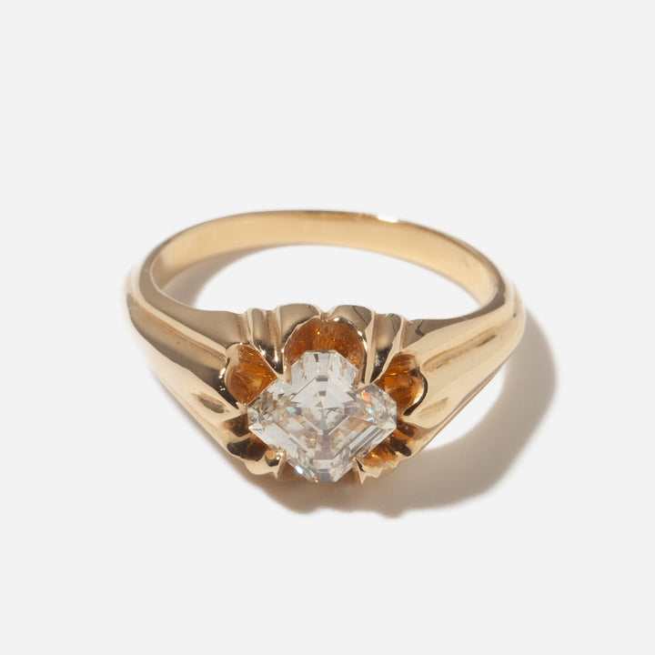 Close-up of Asscher cut lab grown diamond Marguerite bezel engagement ring showing step-cut facets and secure bezel setting