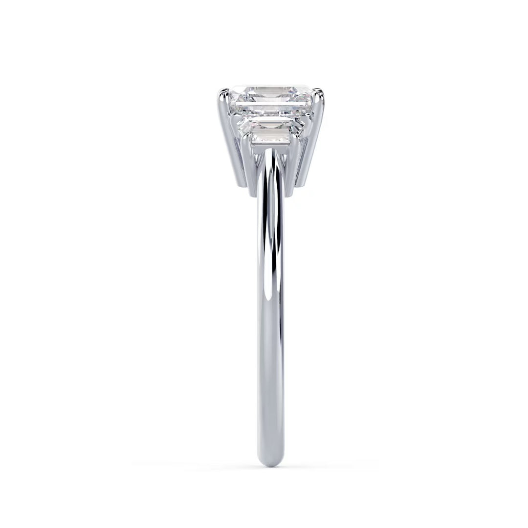 Side profile of an Asscher cut lab grown diamond three stone engagement ring with elegant craftsmanship