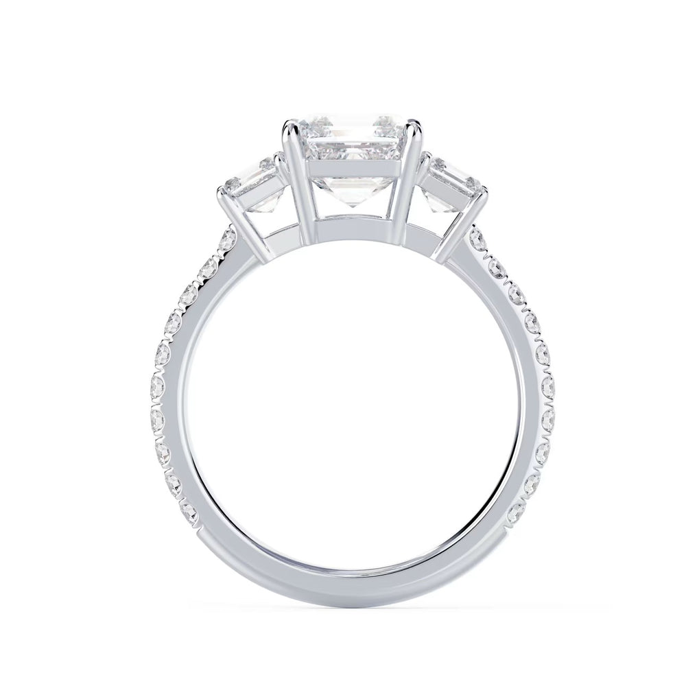 Close-up of Asscher cut lab grown diamond three stone pave engagement ring with E VS1 clarity and geometric brilliance